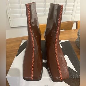 Free People + Mutma Brown 2 Tone Ankle Boot Boots with Red Stitching, New in Box